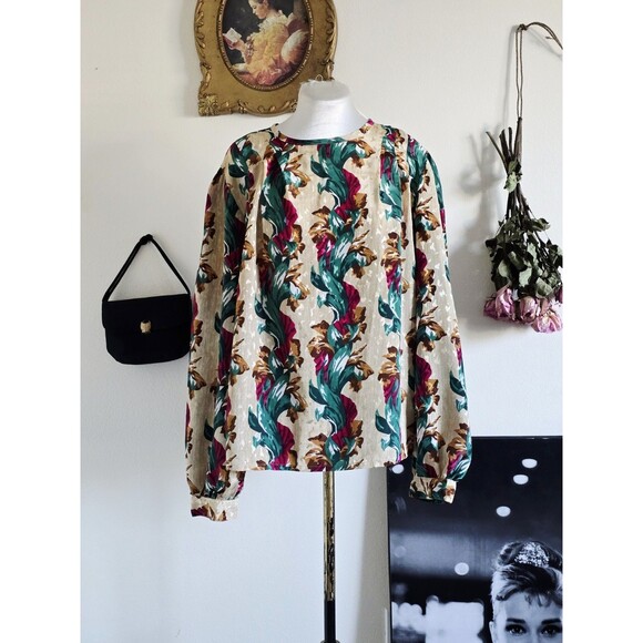 Vintage America Tops - Vintage 80s 1980s Green Gold Scroll Filigree Print Long Sleeve Blouse Maximalist